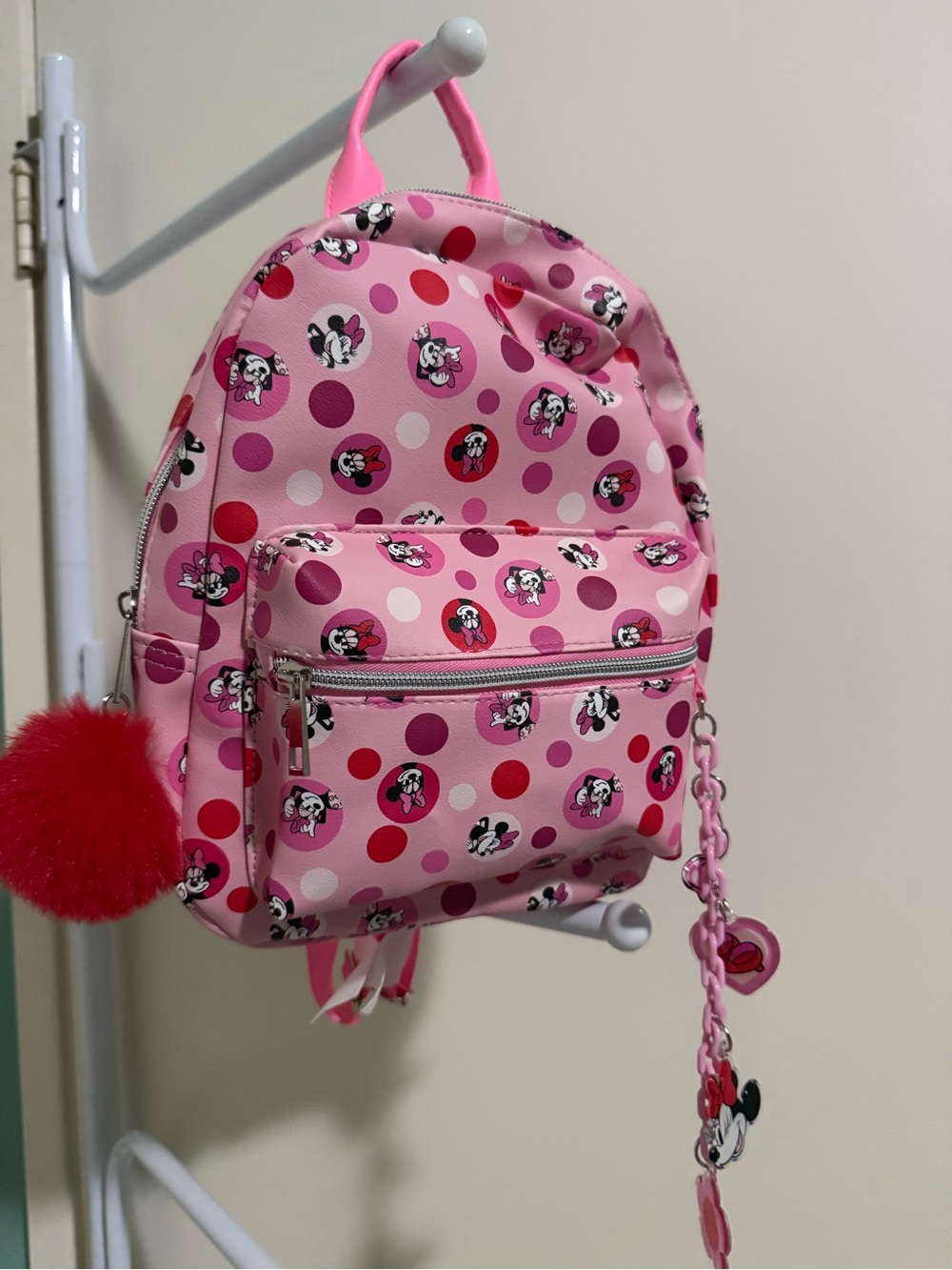 Disney Pink Minnie Mouse Polka Dot Kids Backpack with Pom-Pom Charm